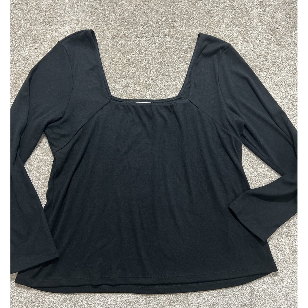 LNA Clothing Women's 2X Black Ribbed Square Neck Long Sleeve Top